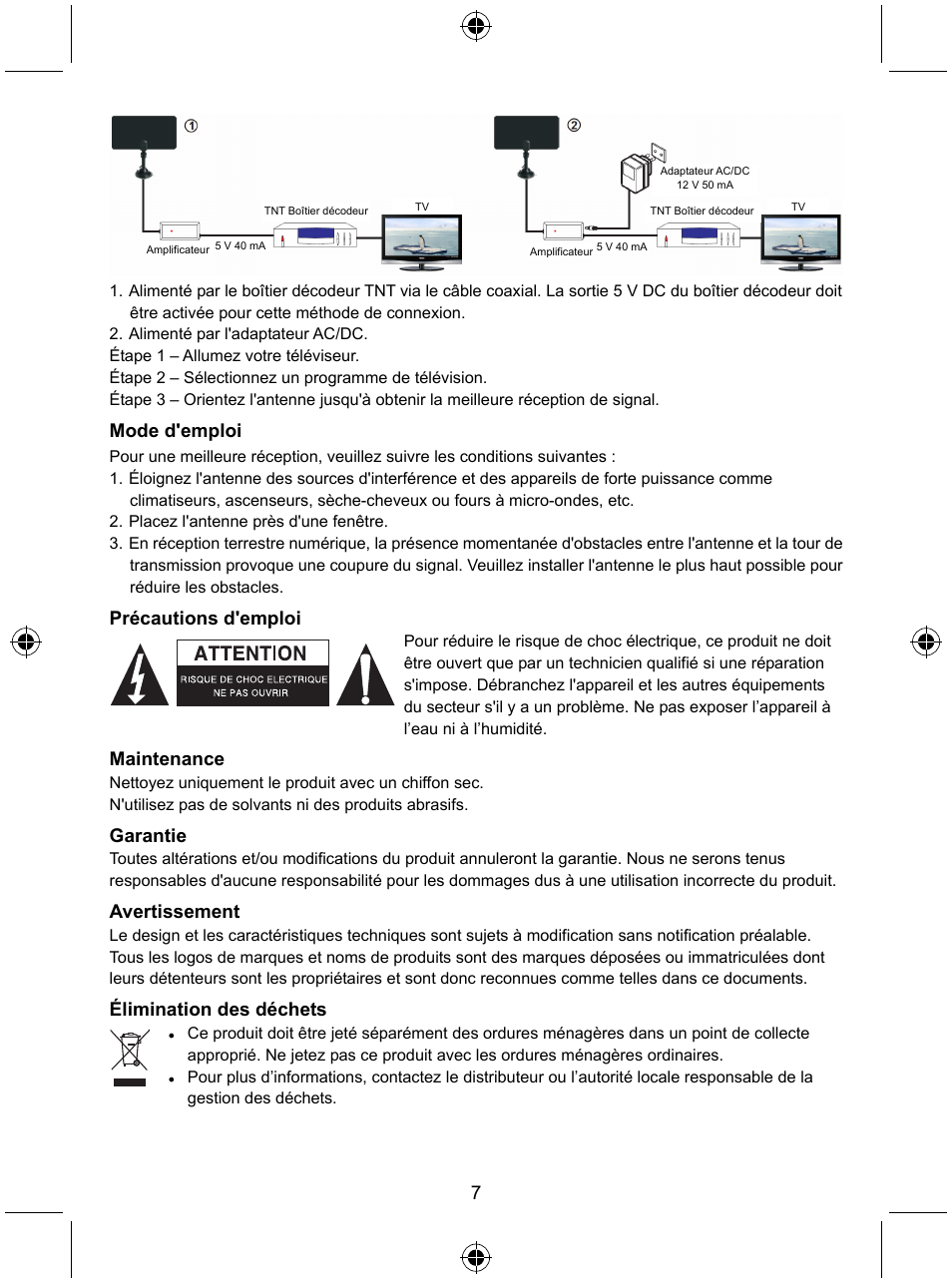 Mode d'emploi, Précautions d'emploi, Maintenance | Garantie, Avertissement, Élimination des déchets | Konig Electronic Indoor DVB-T antenna tablet design 30 dB UHF User Manual | Page 7 / 44