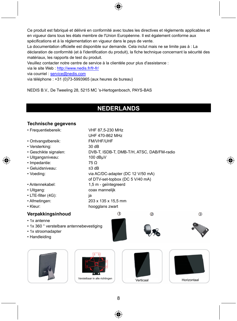 Nederlands | Konig Electronic Indoor DVB-T antenna tablet design 30 dB UHF User Manual | Page 8 / 44