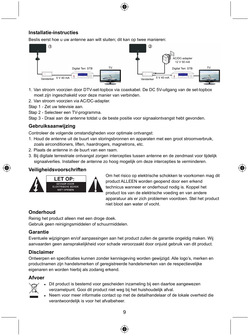 9installatie-instructies, Gebruiksaanwijzing, Veiligheidsvoorschriften | Onderhoud, Garantie, Disclaimer, Afvoer | Konig Electronic Indoor DVB-T antenna tablet design 30 dB UHF User Manual | Page 9 / 44