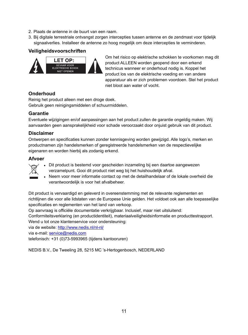 Veiligheidsvoorschriften, Onderhoud, Garantie | Disclaimer, Afvoer | Konig Electronic DVB-T indoor antenna 0.5 mm ultra-thin design 25 dB UHF User Manual | Page 11 / 54
