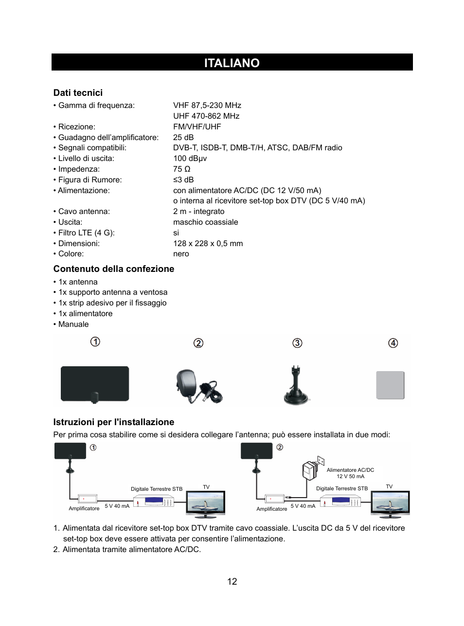 Italiano, Dati tecnici, Contenuto della confezione | Istruzioni per l'installazione | Konig Electronic DVB-T indoor antenna 0.5 mm ultra-thin design 25 dB UHF User Manual | Page 12 / 54