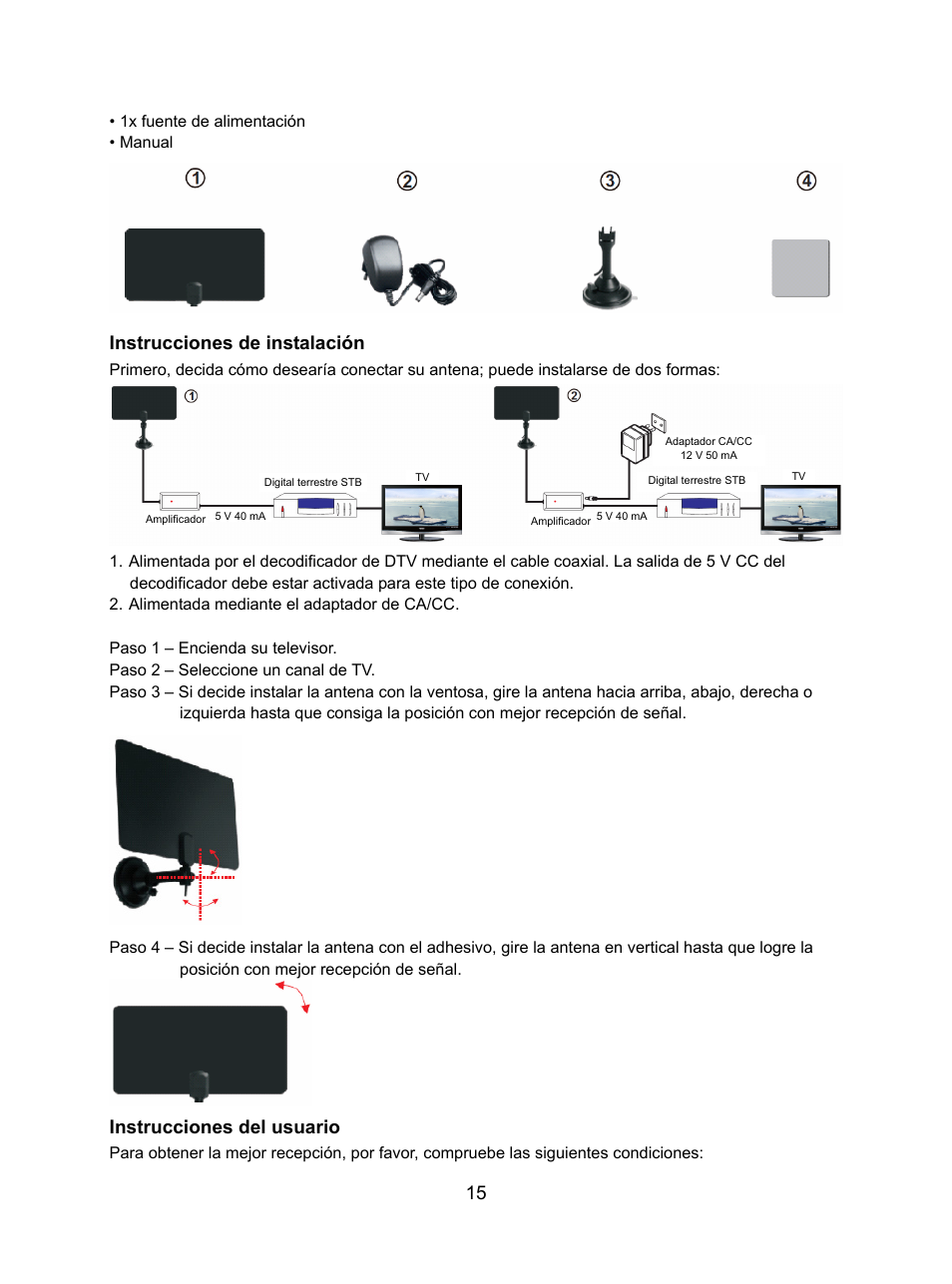 Instrucciones de instalación, Instrucciones del usuario | Konig Electronic DVB-T indoor antenna 0.5 mm ultra-thin design 25 dB UHF User Manual | Page 15 / 54