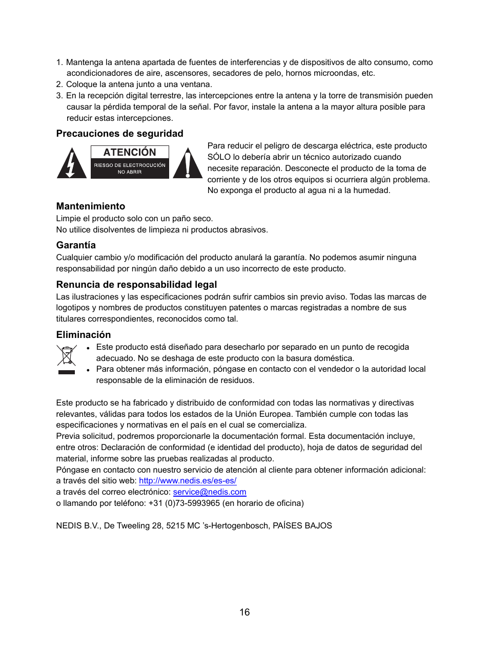 Precauciones de seguridad, Mantenimiento, Garantía | Renuncia de responsabilidad legal, Eliminación | Konig Electronic DVB-T indoor antenna 0.5 mm ultra-thin design 25 dB UHF User Manual | Page 16 / 54