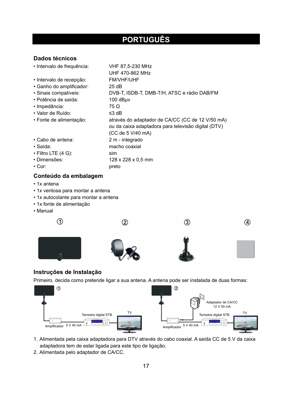Português, Dados técnicos, Conteúdo da embalagem | Instruções de instalação | Konig Electronic DVB-T indoor antenna 0.5 mm ultra-thin design 25 dB UHF User Manual | Page 17 / 54