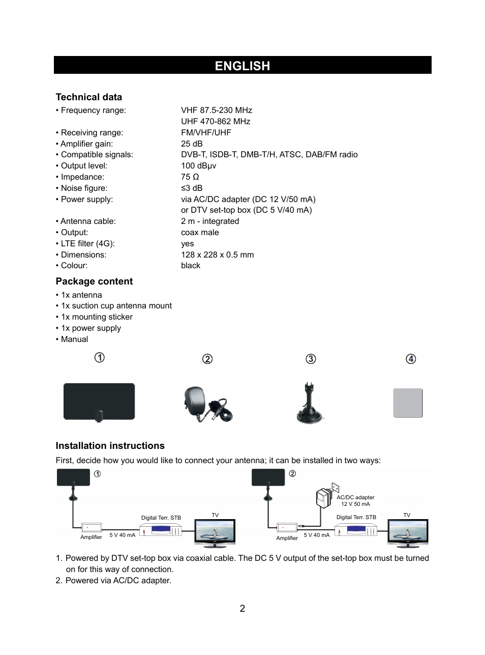 English, Technical data, Package content | Installation instructions | Konig Electronic DVB-T indoor antenna 0.5 mm ultra-thin design 25 dB UHF User Manual | Page 2 / 54