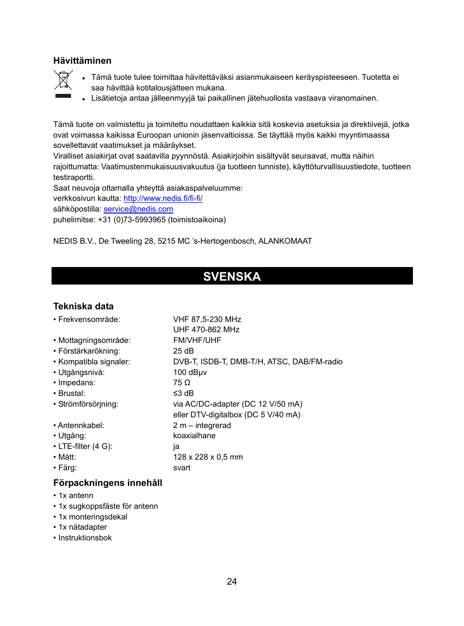 Svenska | Konig Electronic DVB-T indoor antenna 0.5 mm ultra-thin design 25 dB UHF User Manual | Page 24 / 54