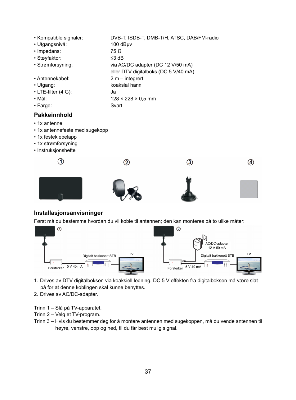 Pakkeinnhold, Installasjonsanvisninger | Konig Electronic DVB-T indoor antenna 0.5 mm ultra-thin design 25 dB UHF User Manual | Page 37 / 54
