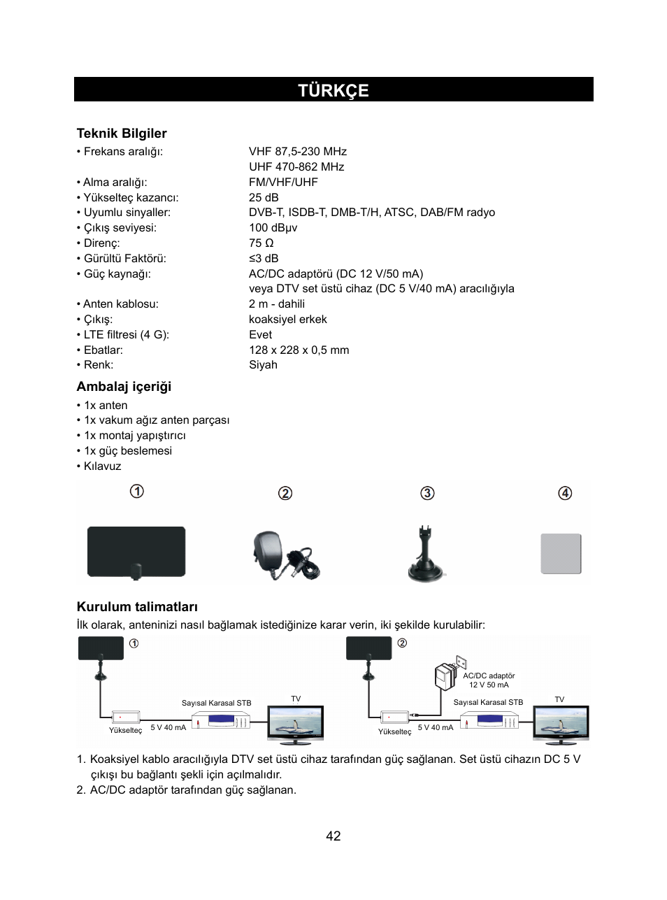 Türkçe, Teknik bilgiler, Ambalaj içeriği | Kurulum talimatları | Konig Electronic DVB-T indoor antenna 0.5 mm ultra-thin design 25 dB UHF User Manual | Page 42 / 54