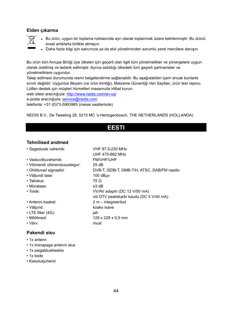 Eesti | Konig Electronic DVB-T indoor antenna 0.5 mm ultra-thin design 25 dB UHF User Manual | Page 44 / 54