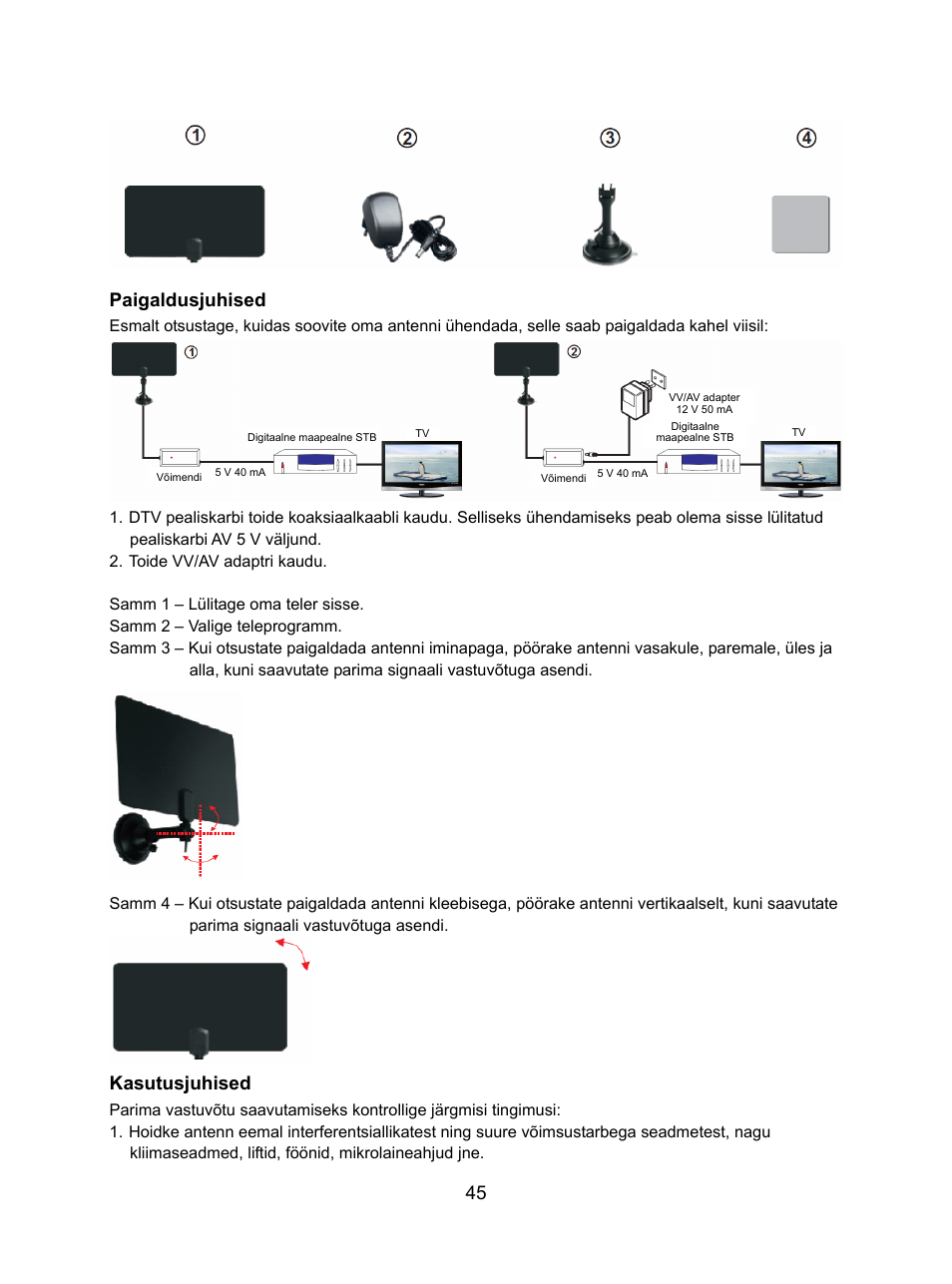 Paigaldusjuhised, Kasutusjuhised | Konig Electronic DVB-T indoor antenna 0.5 mm ultra-thin design 25 dB UHF User Manual | Page 45 / 54