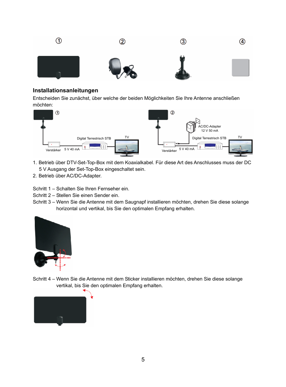 Installationsanleitungen | Konig Electronic DVB-T indoor antenna 0.5 mm ultra-thin design 25 dB UHF User Manual | Page 5 / 54