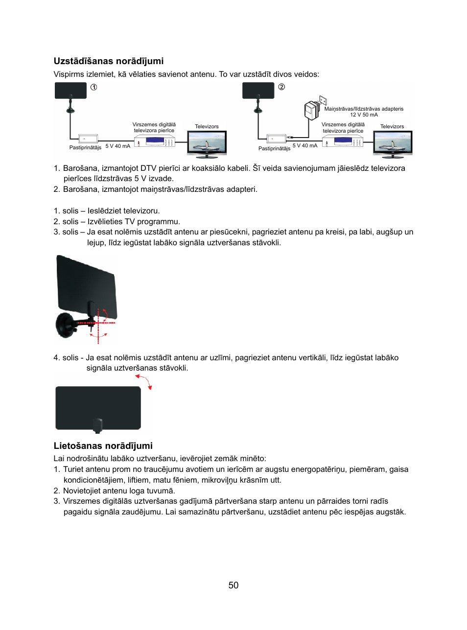50 uzstādīšanas norādījumi, Lietošanas norādījumi | Konig Electronic DVB-T indoor antenna 0.5 mm ultra-thin design 25 dB UHF User Manual | Page 50 / 54