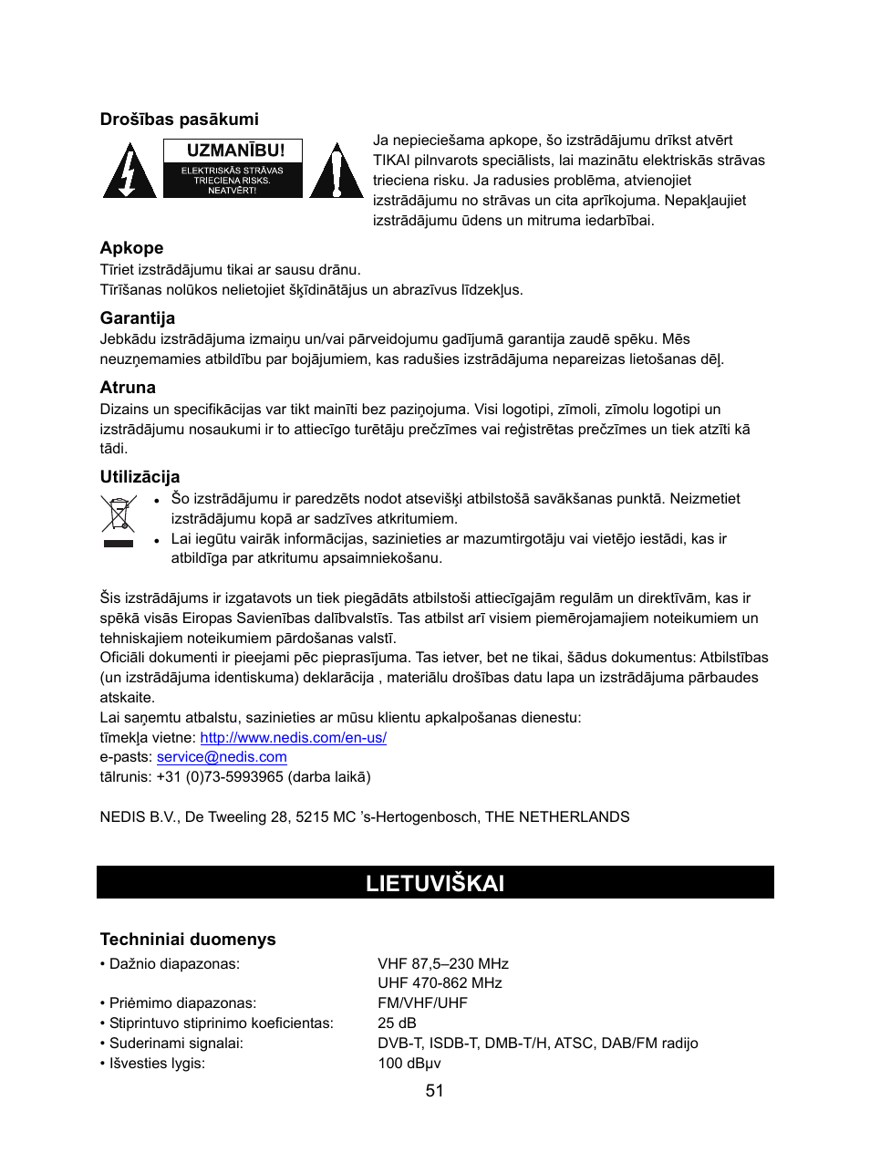 Lietuviškai | Konig Electronic DVB-T indoor antenna 0.5 mm ultra-thin design 25 dB UHF User Manual | Page 51 / 54