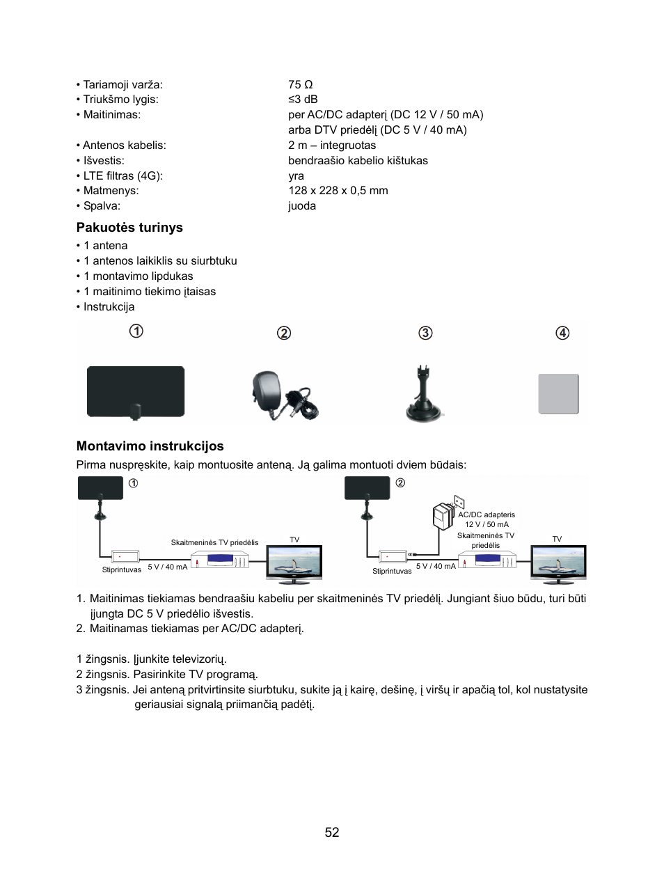 Pakuotės turinys, Montavimo instrukcijos | Konig Electronic DVB-T indoor antenna 0.5 mm ultra-thin design 25 dB UHF User Manual | Page 52 / 54
