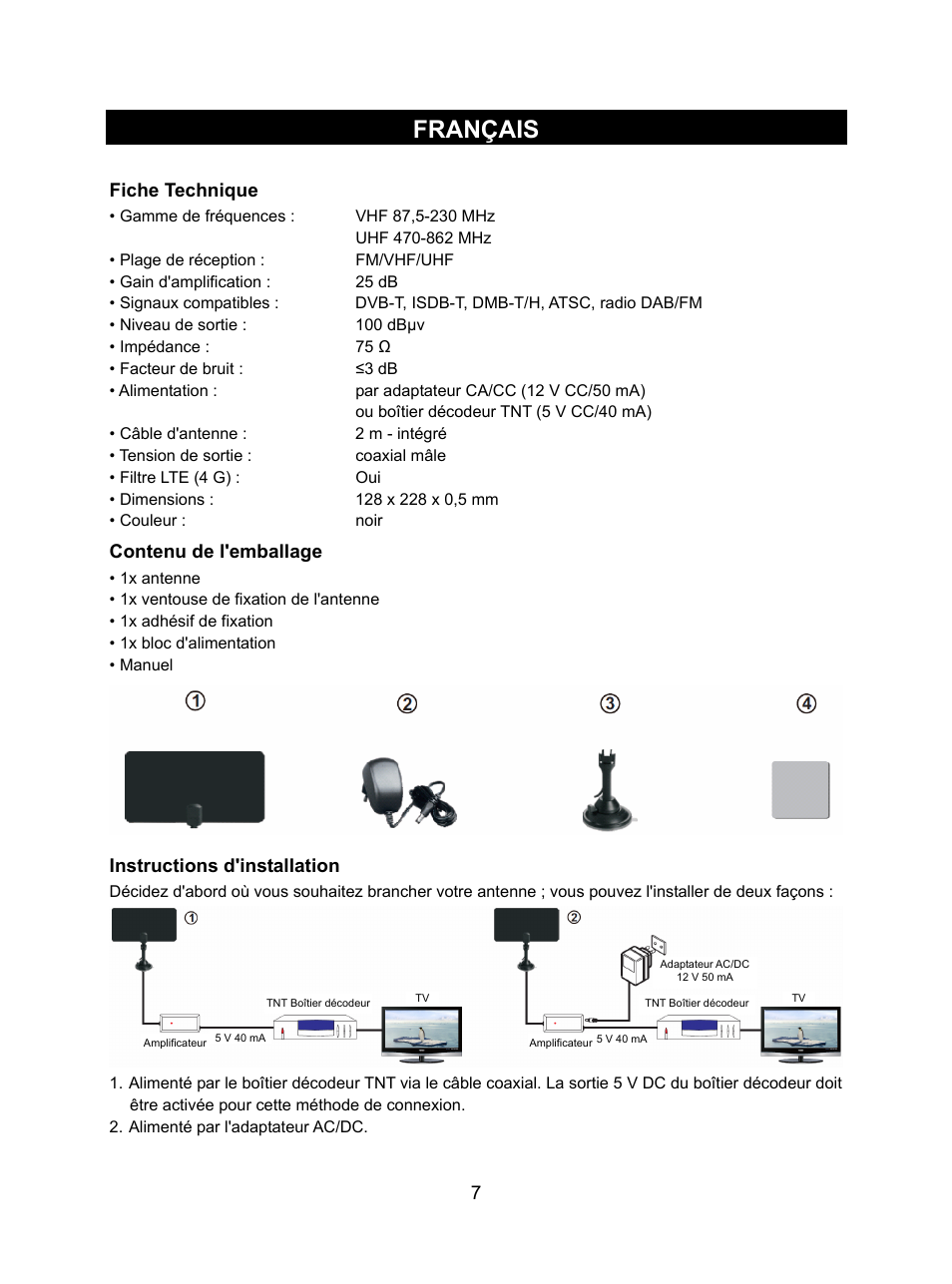 Français, Fiche technique, Contenu de l'emballage | Instructions d'installation | Konig Electronic DVB-T indoor antenna 0.5 mm ultra-thin design 25 dB UHF User Manual | Page 7 / 54
