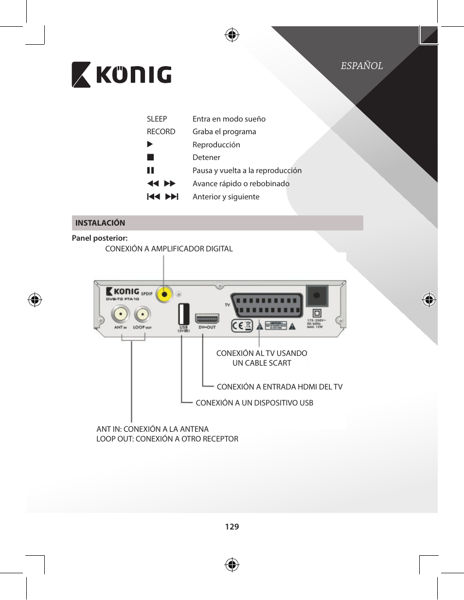 Español | Konig Electronic High-definition DVB-T2 receiver User Manual | Page 129 / 404