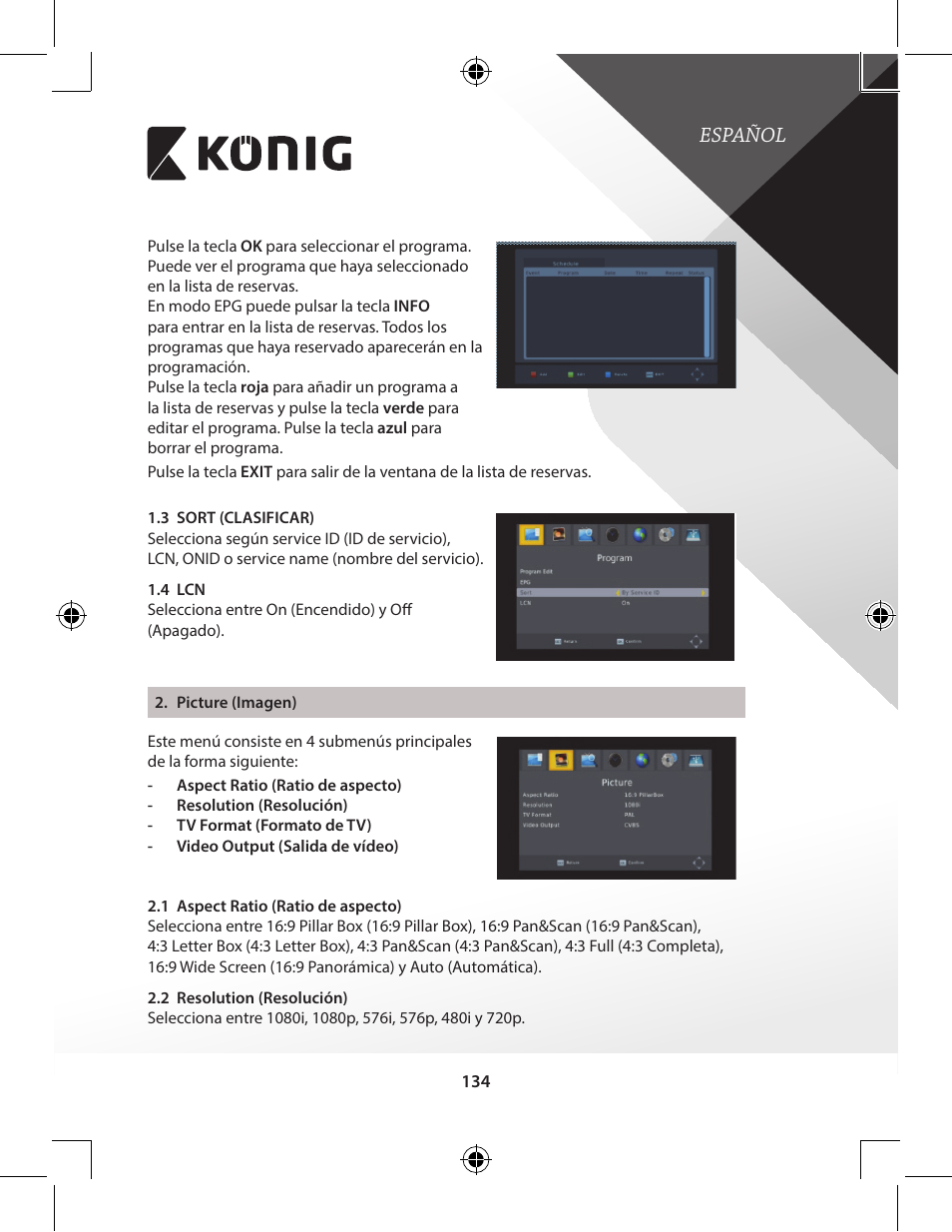 Español | Konig Electronic High-definition DVB-T2 receiver User Manual | Page 134 / 404