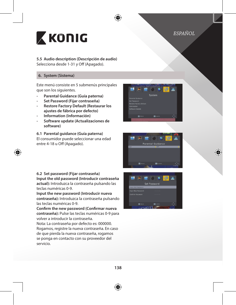 Español | Konig Electronic High-definition DVB-T2 receiver User Manual | Page 138 / 404