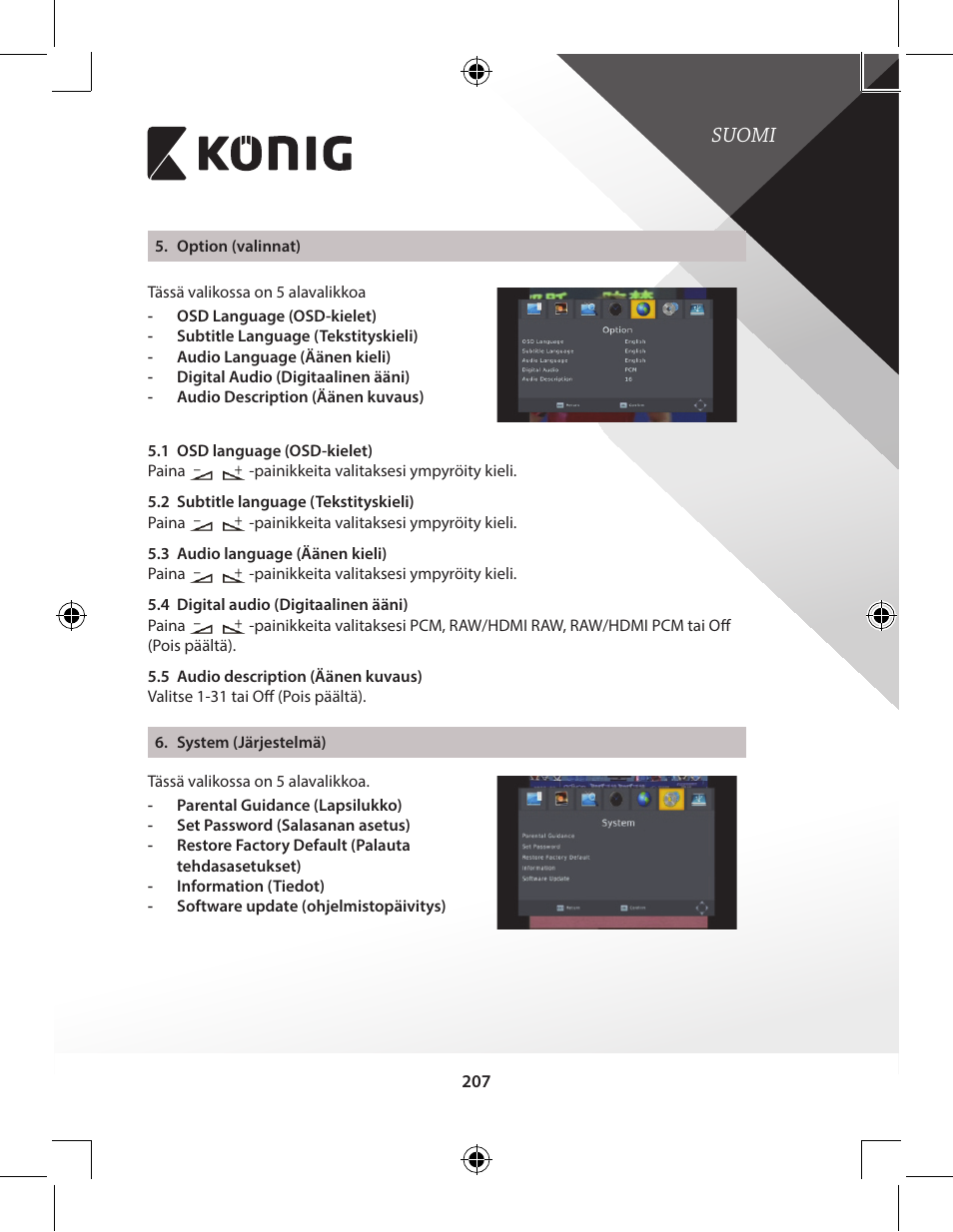 Suomi | Konig Electronic High-definition DVB-T2 receiver User Manual | Page 207 / 404