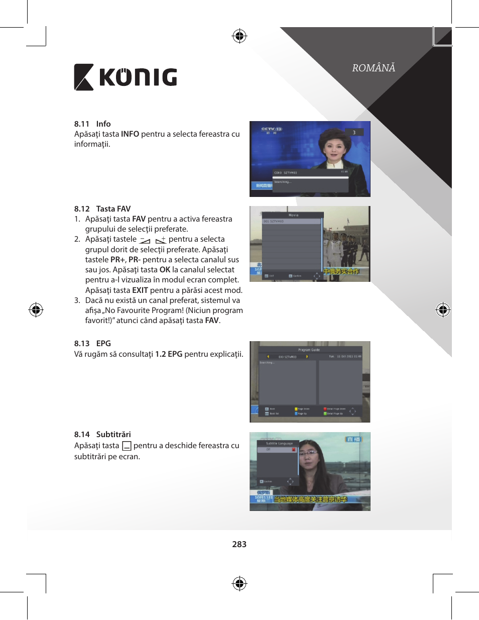 Română | Konig Electronic High-definition DVB-T2 receiver User Manual | Page 283 / 404