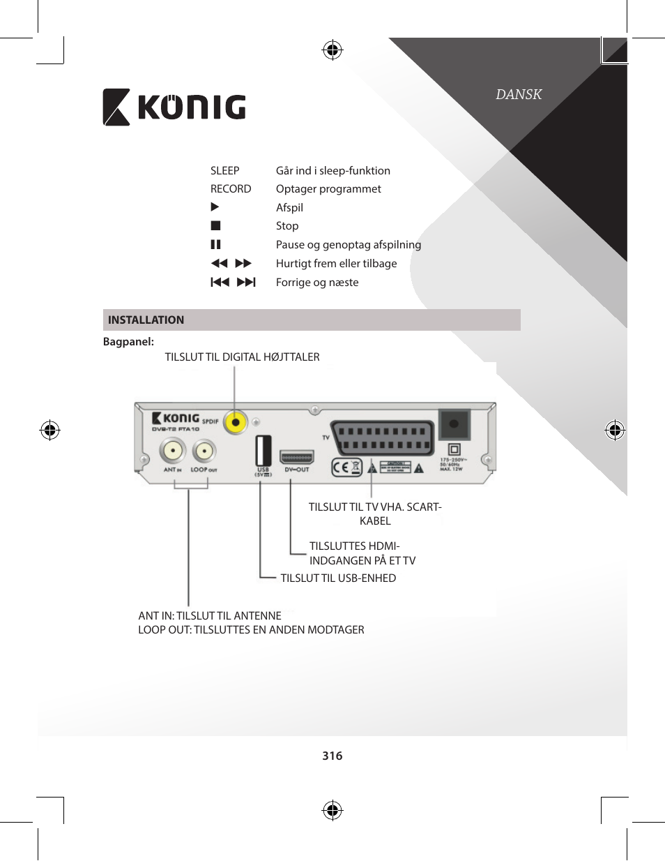 Dansk | Konig Electronic High-definition DVB-T2 receiver User Manual | Page 316 / 404
