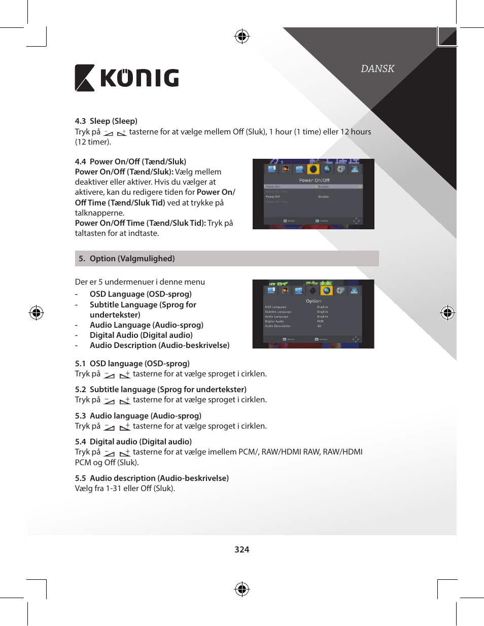 Dansk | Konig Electronic High-definition DVB-T2 receiver User Manual | Page 324 / 404