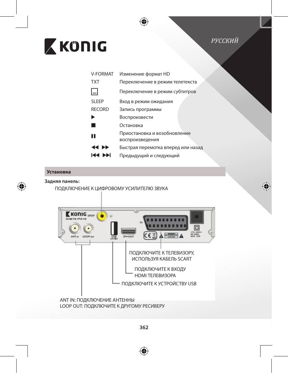Русский | Konig Electronic High-definition DVB-T2 receiver User Manual | Page 362 / 404