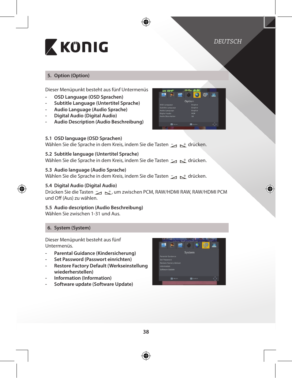 Deutsch | Konig Electronic High-definition DVB-T2 receiver User Manual | Page 38 / 404