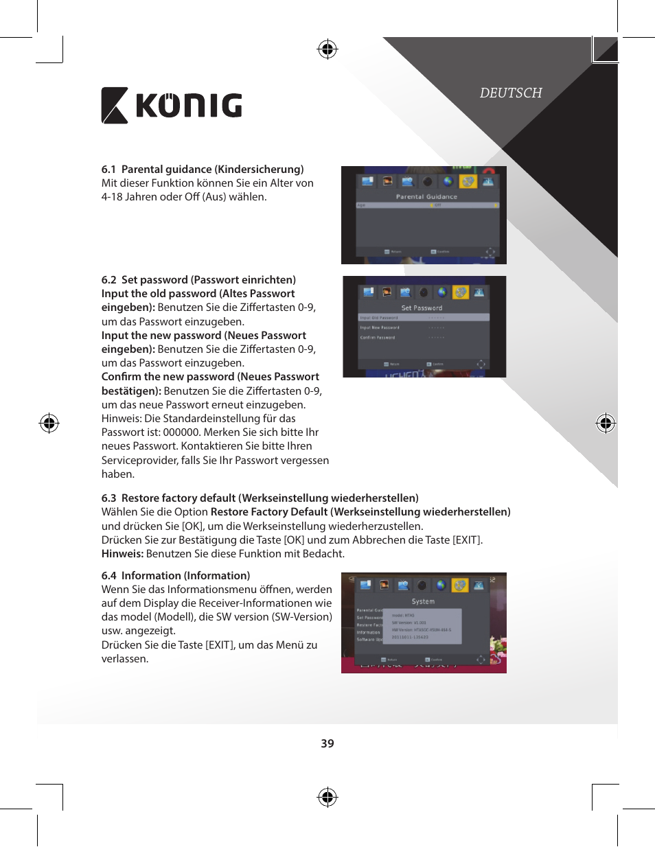 Deutsch | Konig Electronic High-definition DVB-T2 receiver User Manual | Page 39 / 404