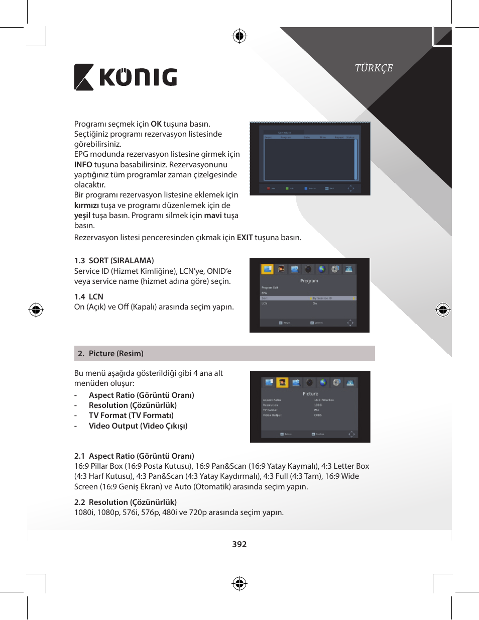 Türkçe | Konig Electronic High-definition DVB-T2 receiver User Manual | Page 392 / 404