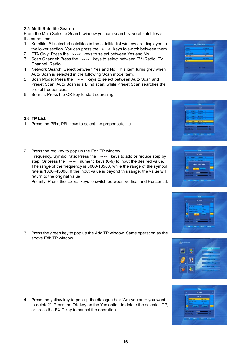 Multi satellite search, Tp list | Konig Electronic High definition DVB-S2 plug-in receiver User Manual | Page 16 / 27