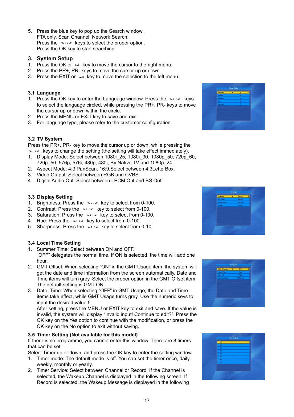 System setup, Language, Tv system | Display setting, Local time setting, Timer setting (not available for this model) | Konig Electronic High definition DVB-S2 plug-in receiver User Manual | Page 17 / 27