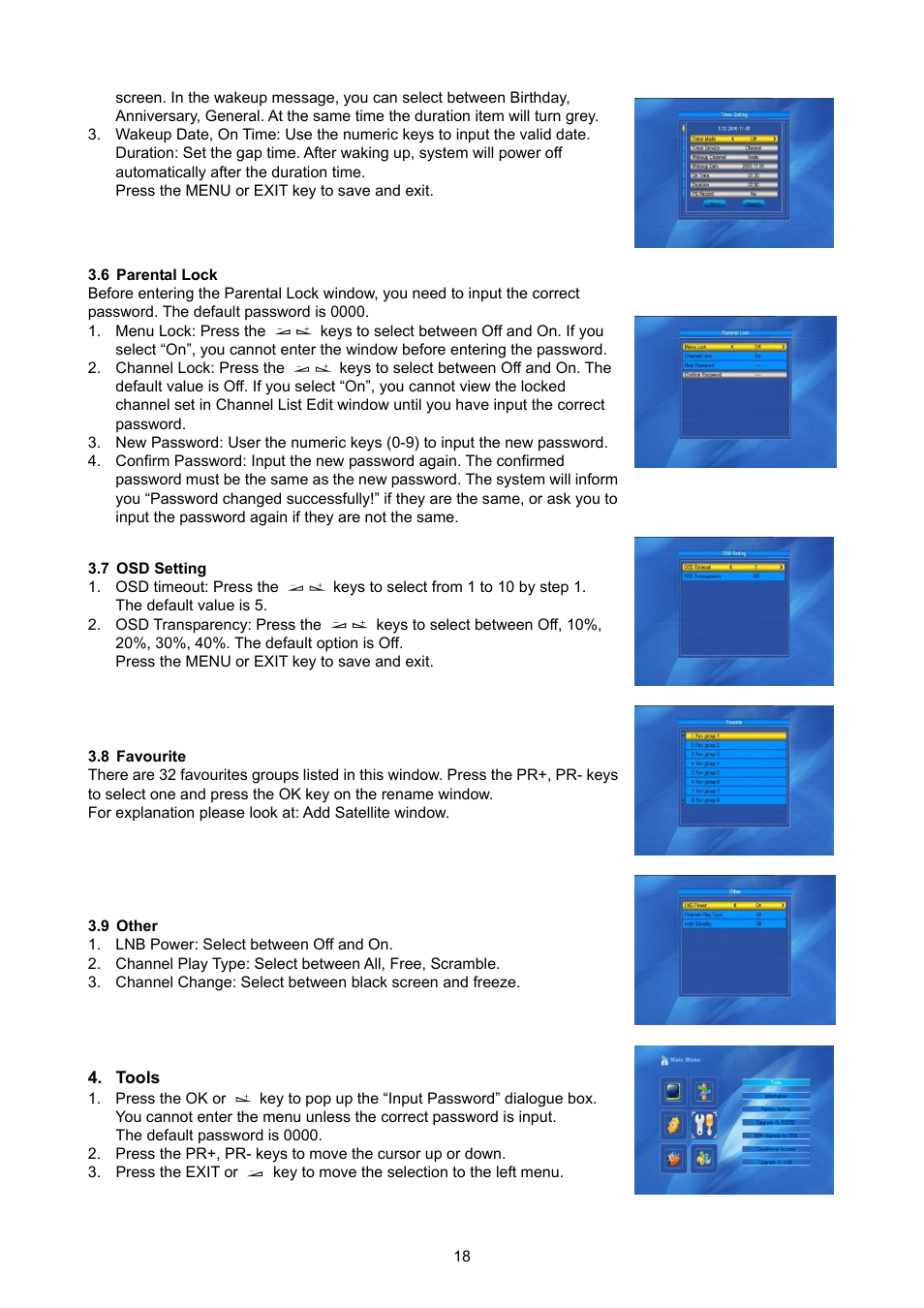 Parental lock, Osd setting, Favourite | Other, Tools | Konig Electronic High definition DVB-S2 plug-in receiver User Manual | Page 18 / 27