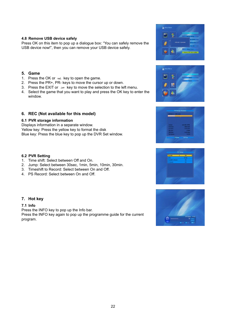 Remove usb device safely, Game, Rec (not available for this model) | Pvr storage information, Pvr setting, Hot key, Info | Konig Electronic High definition DVB-S2 plug-in receiver User Manual | Page 22 / 27