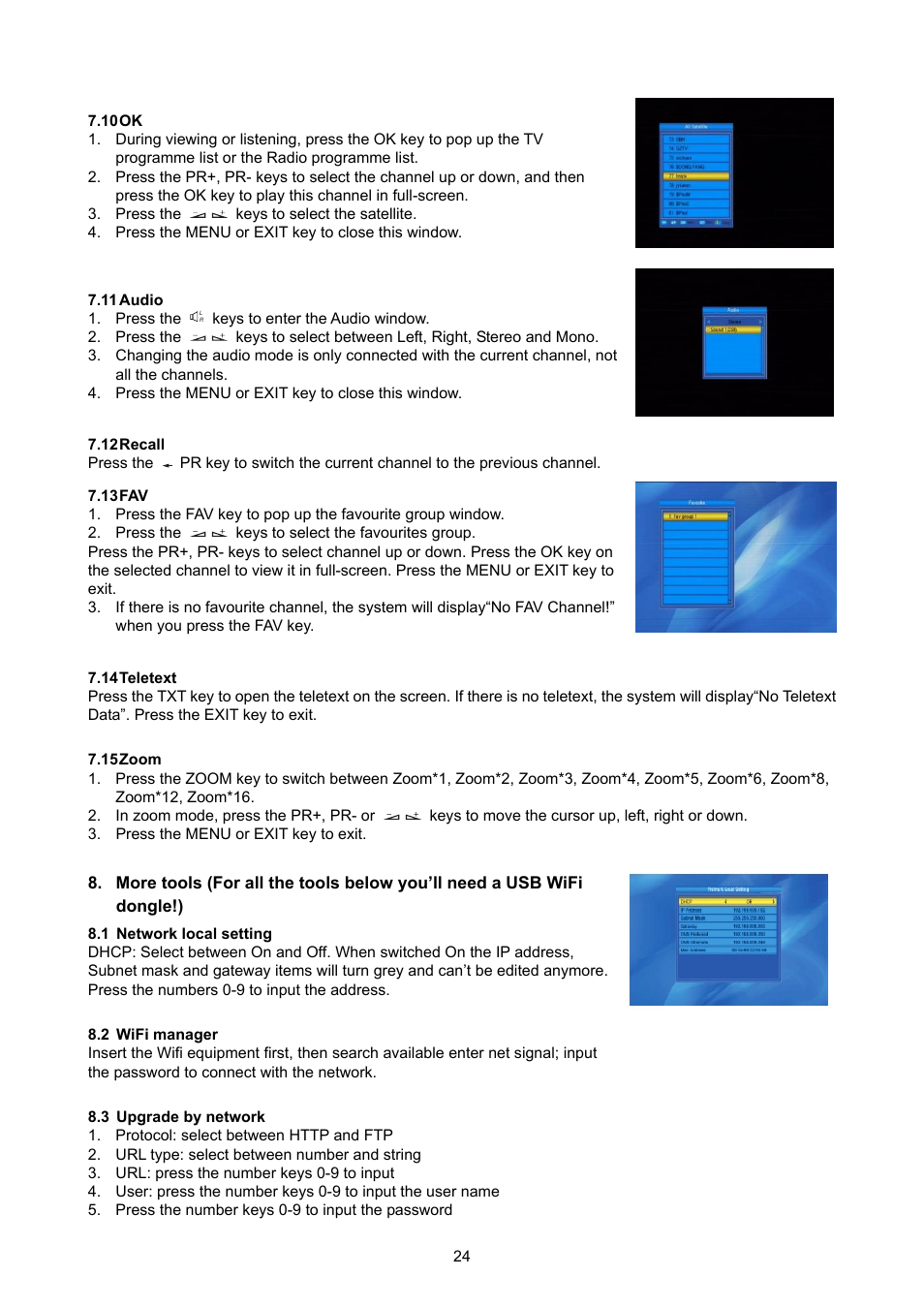 Audio, Recall, Teletext | Zoom, Network local setting, Wifi manager, Upgrade by network | Konig Electronic High definition DVB-S2 plug-in receiver User Manual | Page 24 / 27