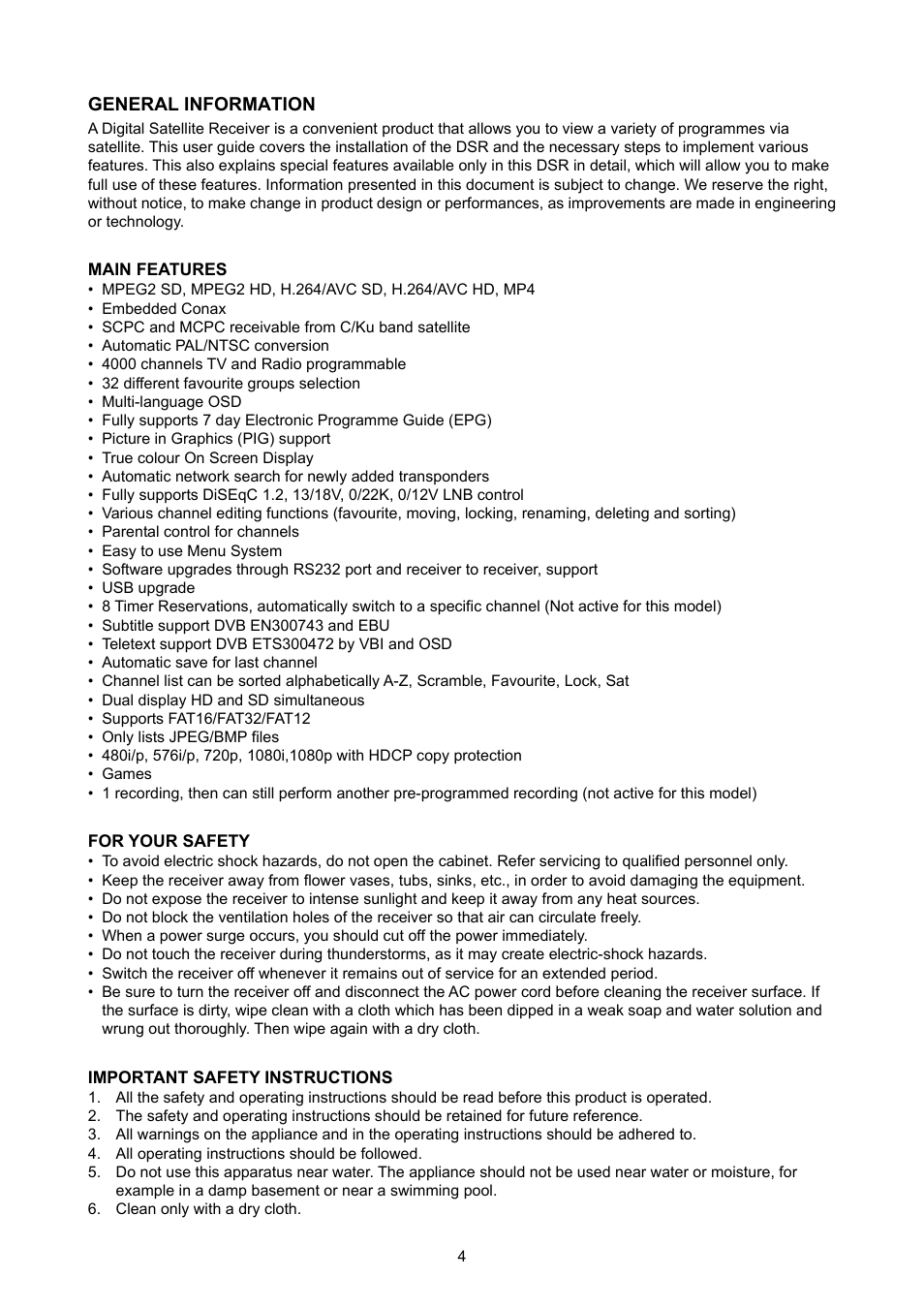 General information, Main features, For your safety | Important safety instructions | Konig Electronic High definition DVB-S2 plug-in receiver User Manual | Page 4 / 27