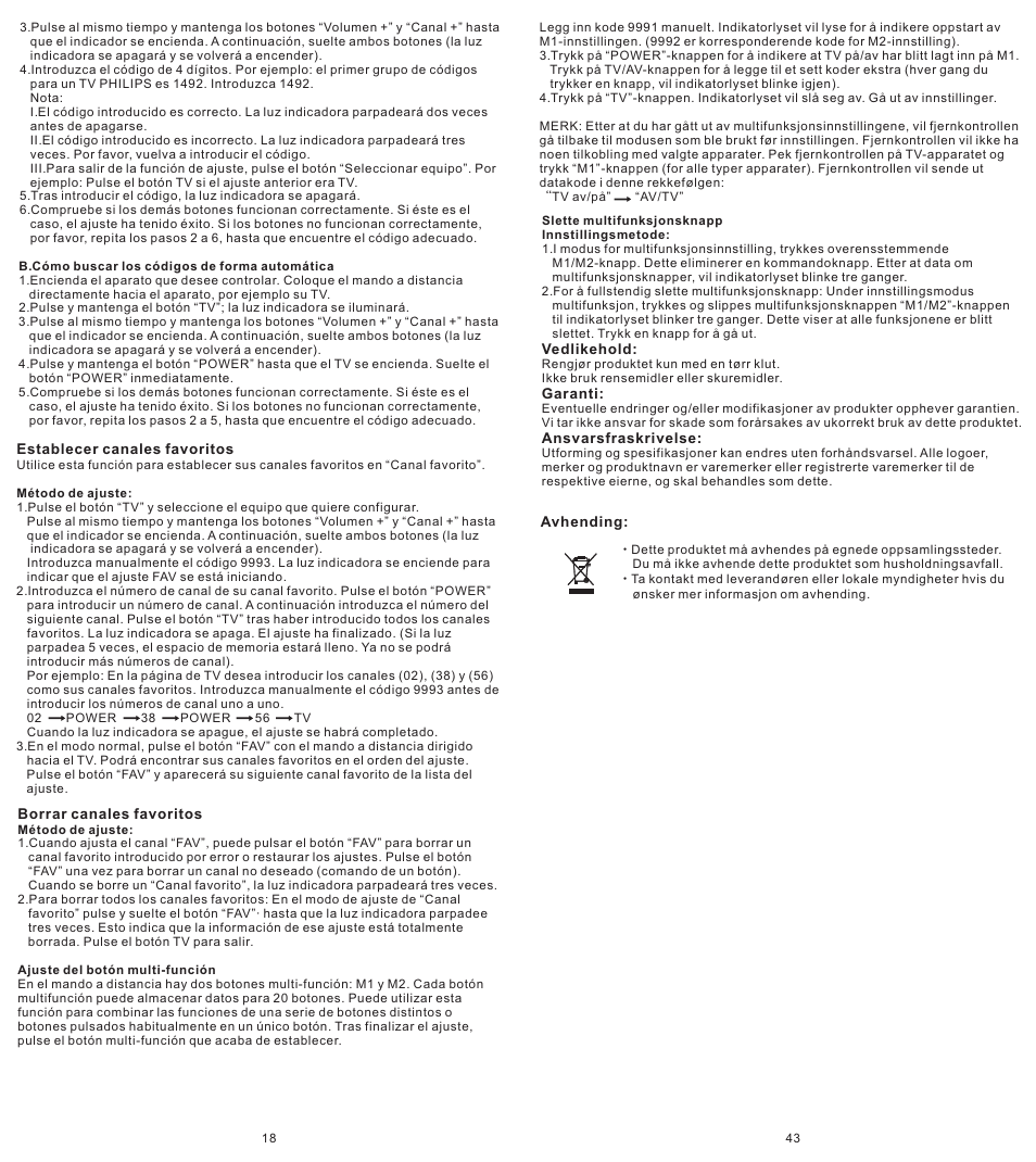 页 18 | Konig Electronic Universal remote control for 1 TV User Manual | Page 18 / 30
