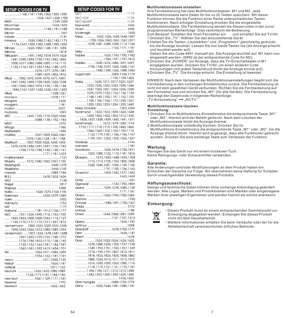 Konig Electronic Universal remote control for 1 TV User Manual | Page 7 / 30