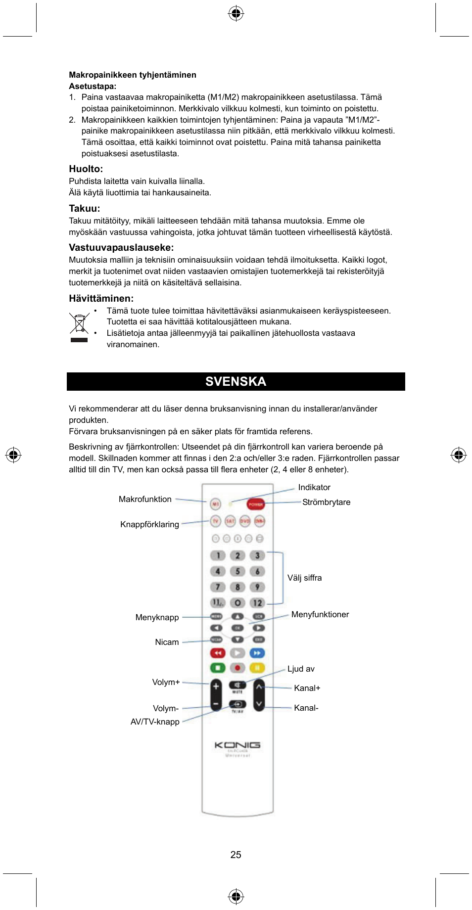 Svenska | Konig Electronic Universal remote control for 4 devices User Manual | Page 25 / 45