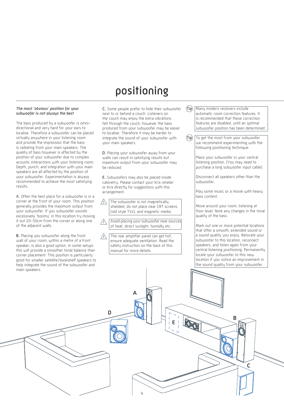 Positioning, Ab c d e | Krix Seismix Cube User Manual | Page 4 / 8