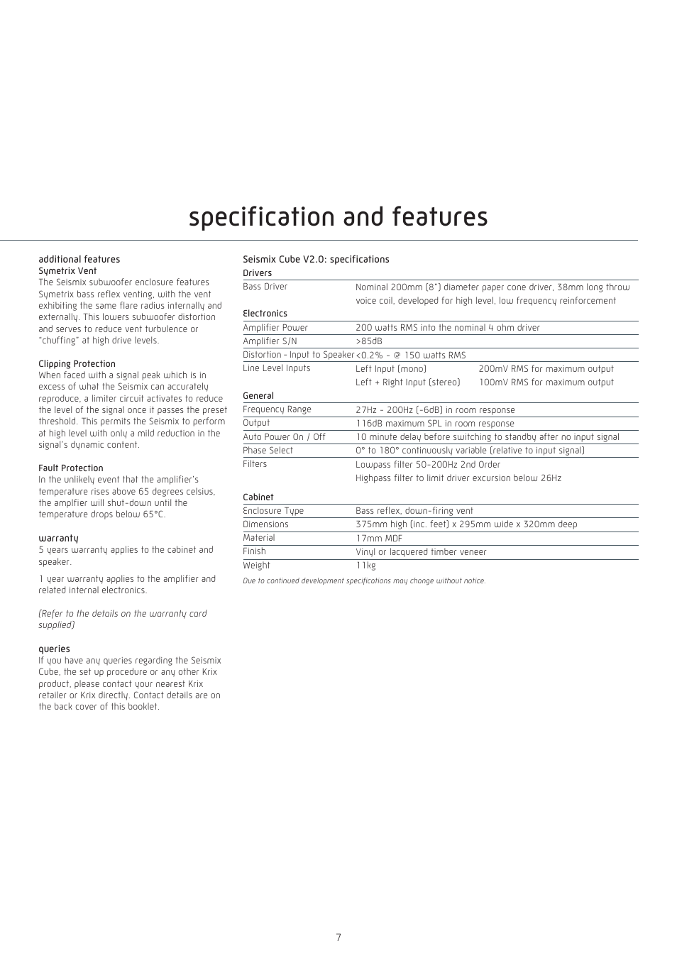 Speciﬁ cation and features | Krix Seismix Cube User Manual | Page 7 / 8