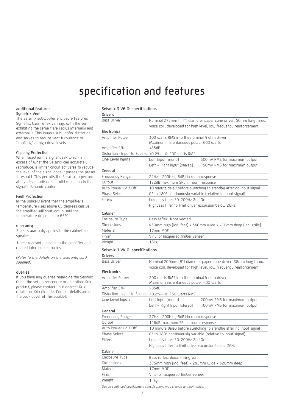 Specifi cation and features | Krix Seismix 3 User Manual | Page 7 / 8