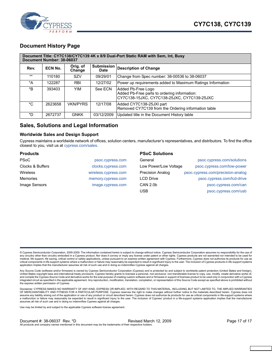 Sales, solutions and legal information, Worldwide sales and design support, Products | Psoc solutions | Cypress CY7C138 User Manual | Page 17 / 17