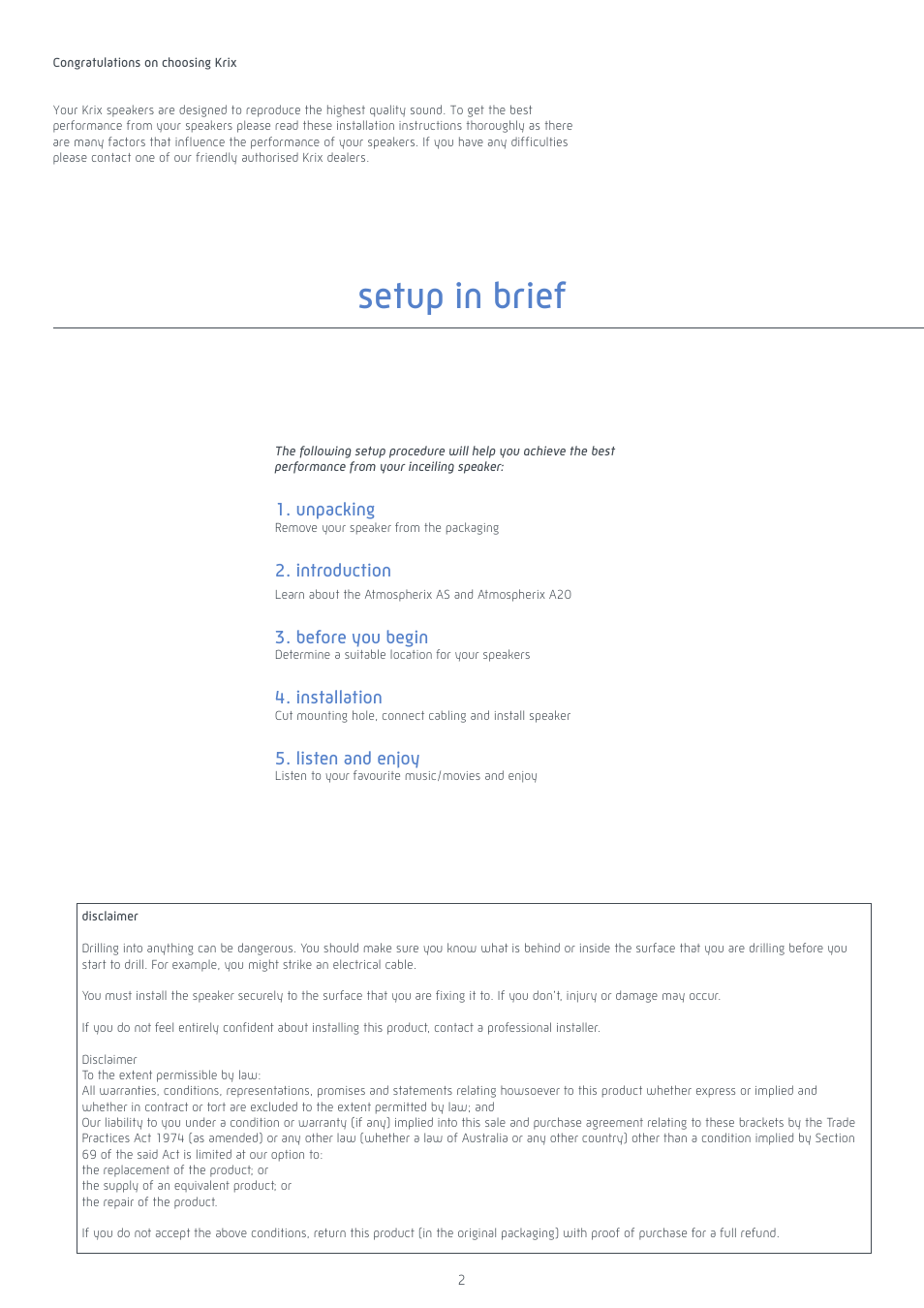 Setup in brief | Krix Atmospherix A20 User Manual | Page 2 / 8