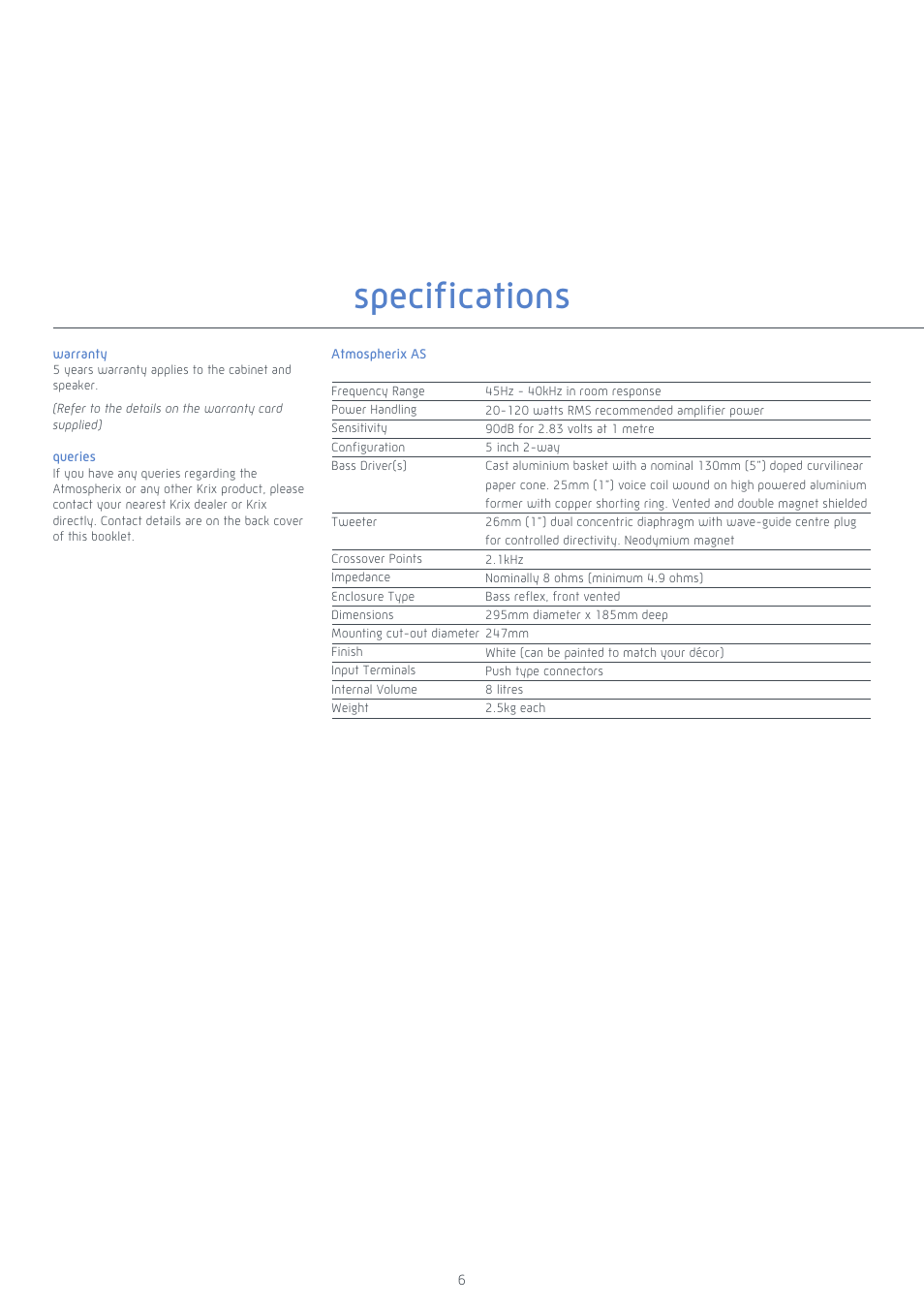 Specifications | Krix Atmospherix A20 User Manual | Page 6 / 8