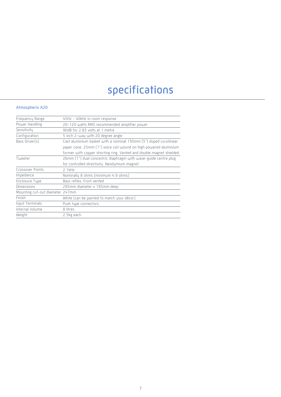 Specifications | Krix Atmospherix A20 User Manual | Page 7 / 8