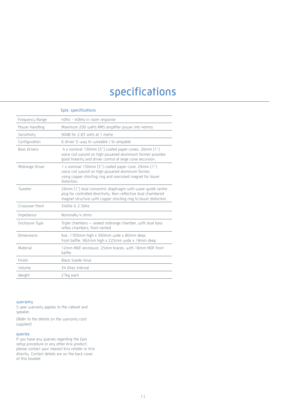 Specifications | Krix Epix User Manual | Page 11 / 12