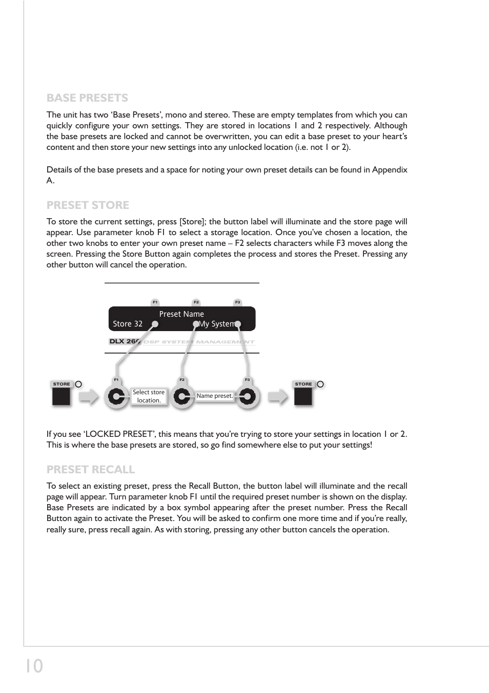 Base presets, Preset store, Preset recall | LA Audio DLX200 User Manual | Page 10 / 22