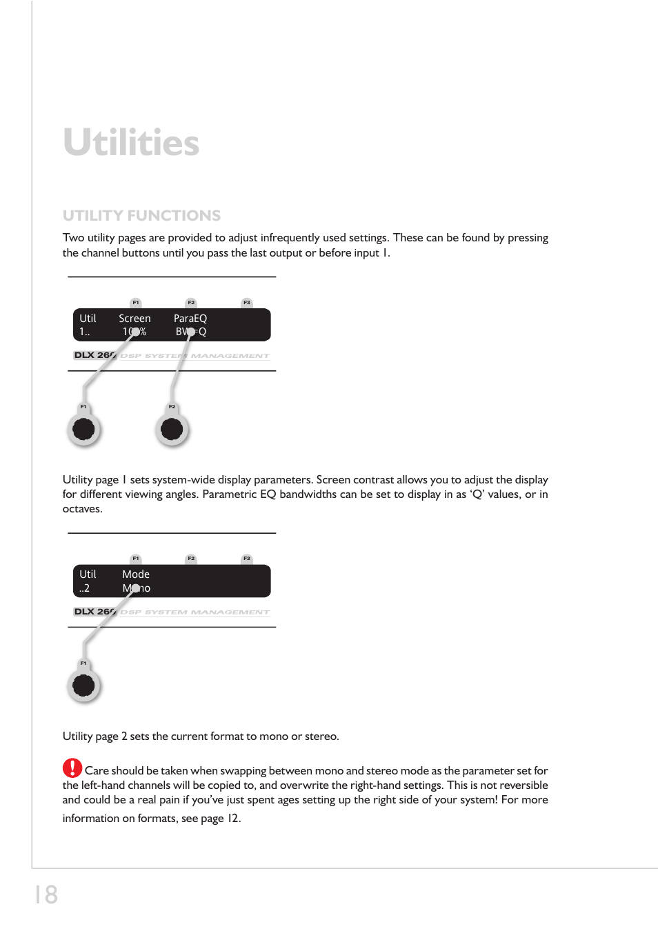 Utilities, Utility functions | LA Audio DLX200 User Manual | Page 18 / 22