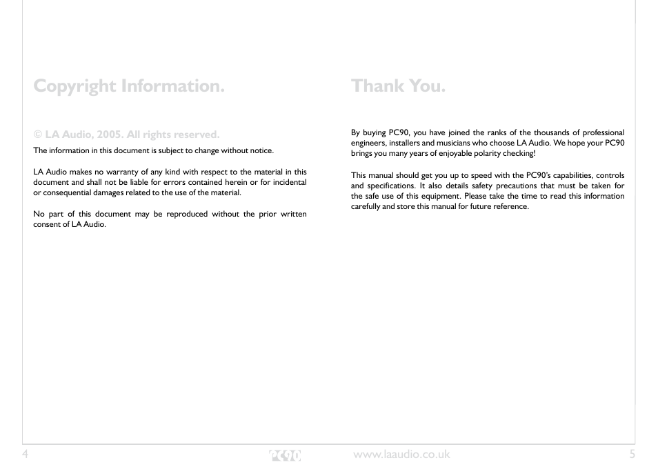 Copyright information, Thank you | LA Audio PC90 User Manual | Page 3 / 8
